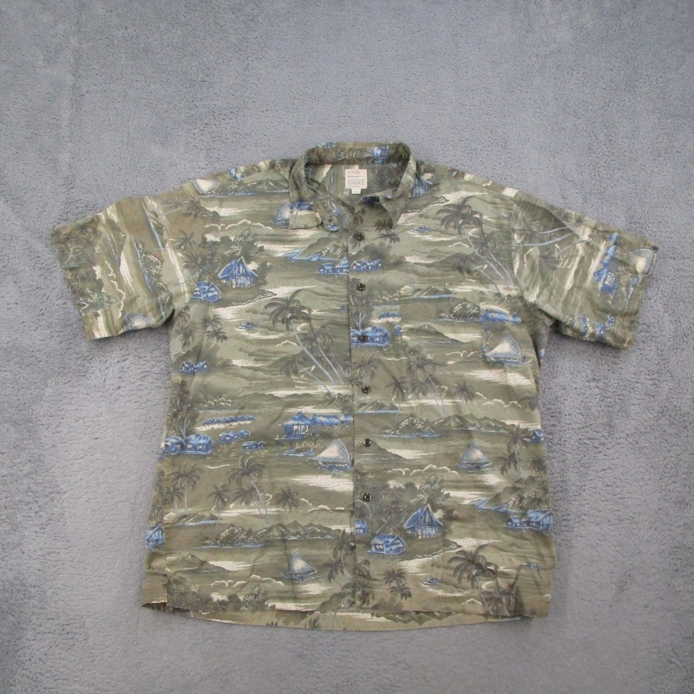 J.Crew Mens Large Olive Green Tropical Island Print SS Button Down Y2K